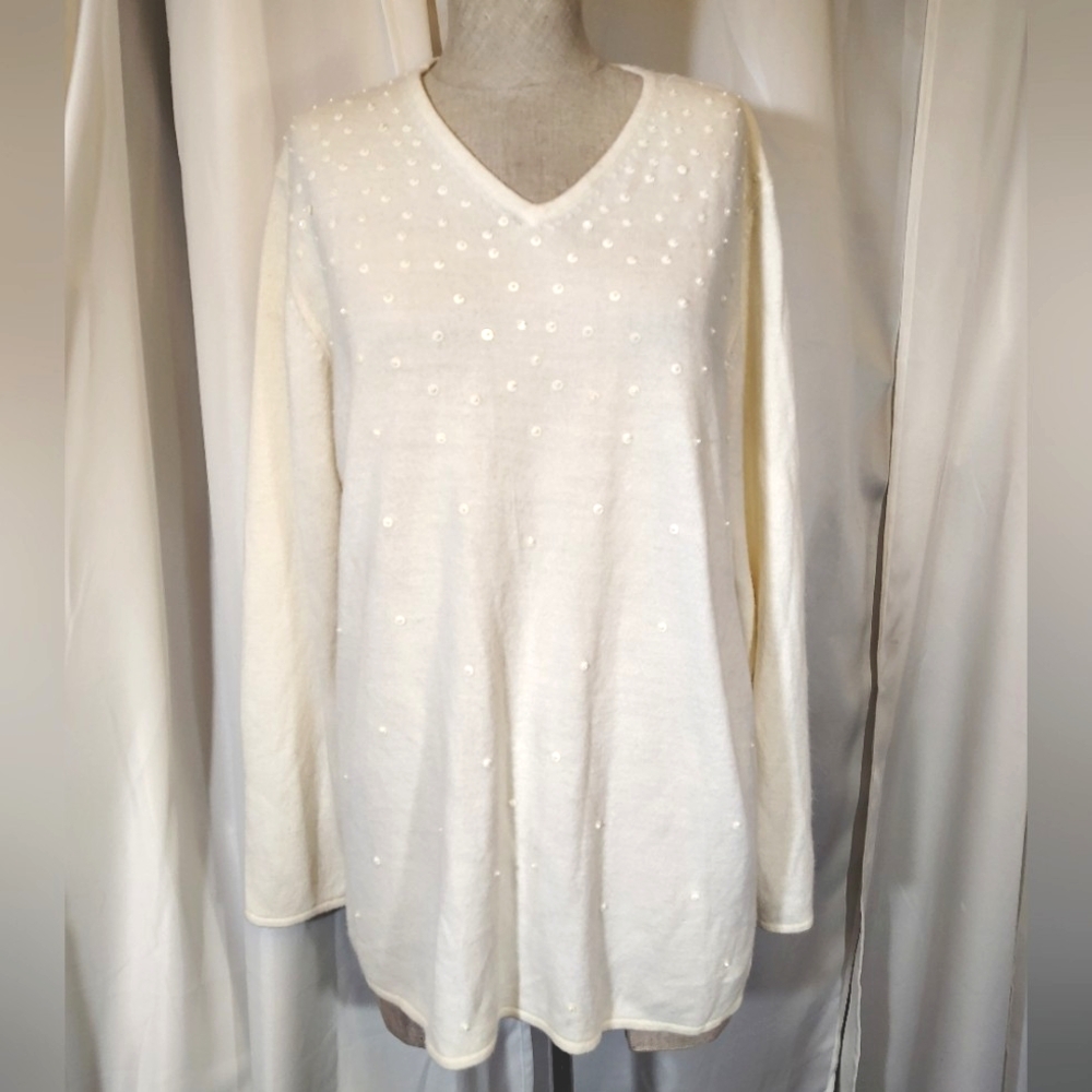 Norton McNaughton V- Neck Sweater, Ivory Bead + Ivory Sequin, Soft, Women, L - Picture 1 of 9